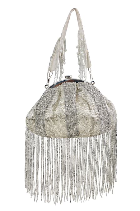 Tasna Silver Grey Beaded Fringe Clutch 