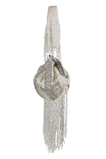 Tasna_Silver Beads, Fringe Grey Beaded Clutch _Online_at_Aza_Fashions