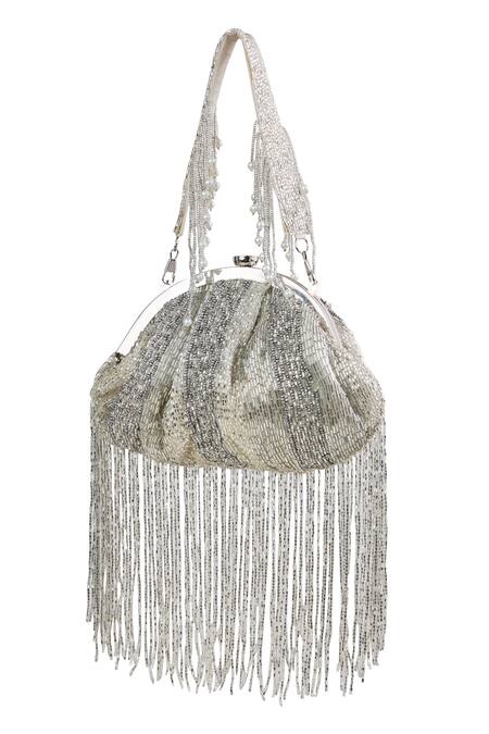 Buy_Tasna_Silver Beads, Fringe Grey Beaded Clutch _Online_at_Aza_Fashions