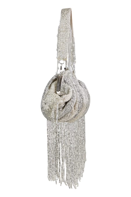 Shop_Tasna_Silver Beads, Fringe Grey Beaded Clutch _Online_at_Aza_Fashions