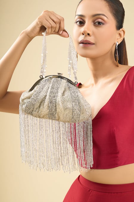 Tasna Silver Beads, Fringe Grey Beaded Clutch 