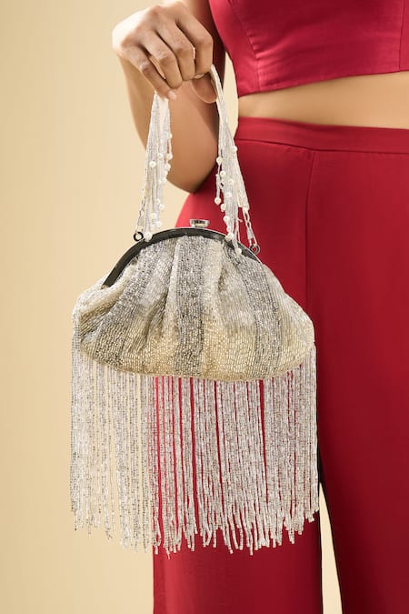 Tasna_Silver Beads, Fringe Grey Beaded Clutch _at_Aza_Fashions