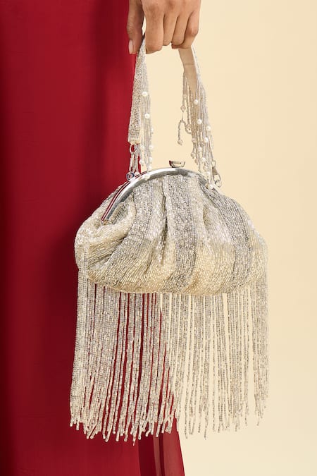 Buy_Tasna_Silver Beads, Fringe Grey Beaded Clutch 