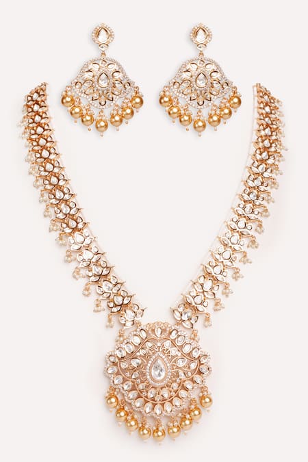 Zevar By Geeta Gold Finish Kundan Polki Necklace Set 