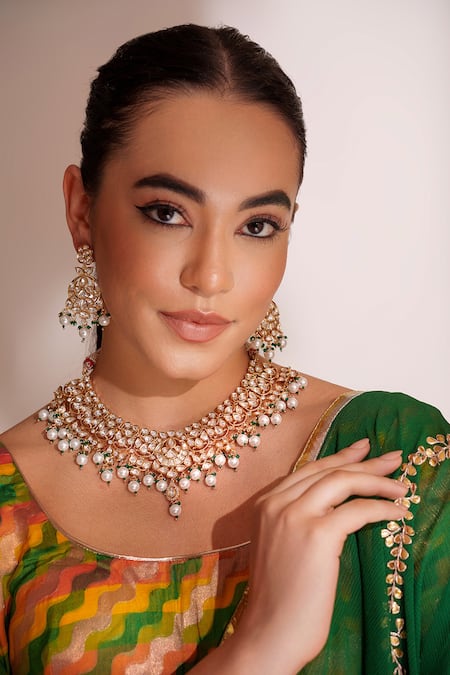 ZEVAR BY GEETA Gold Plated Kundan Polki Necklace And Earring Set 