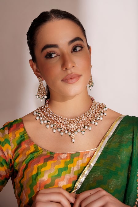 Buy_Zevar By Geeta_Gold Plated Kundan Polki Necklace And Earring Set _Online_at_Aza_Fashions