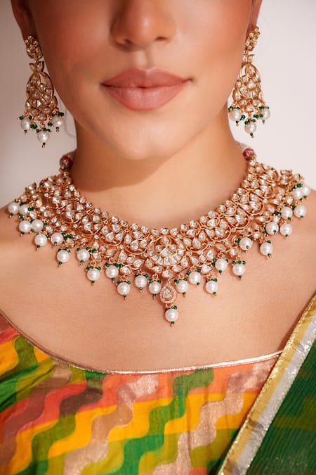 Shop_Zevar By Geeta_Gold Plated Kundan Polki Necklace And Earring Set _Online_at_Aza_Fashions