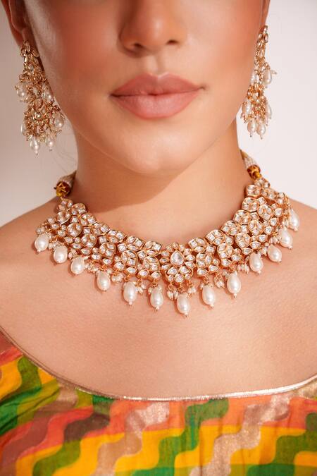 Shop_Zevar By Geeta_Gold Plated Kundan Polki Jewellery Set _Online_at_Aza_Fashions