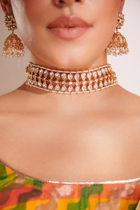 Zevar By Geeta_Gold Plated Kundan Polki Finish Jewellery Set _Online_at_Aza_Fashions