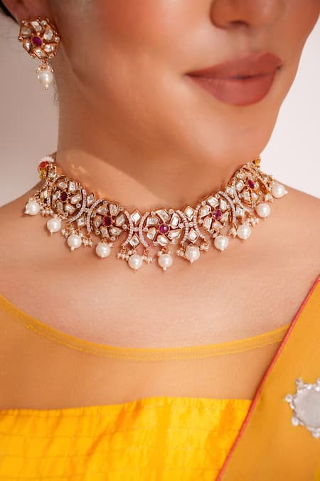 Zevar By Geeta_Pink Diamonds, Pearls Kundan Polki Necklace And Earring Set _Online_at_Aza_Fashions
