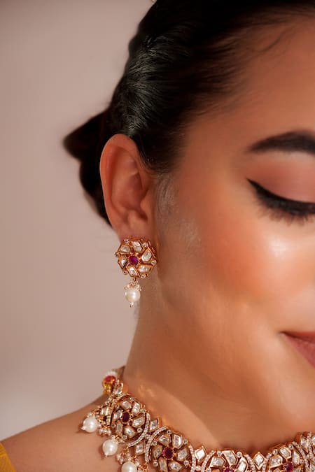 Buy_Zevar By Geeta_Pink Diamonds, Pearls Kundan Polki Necklace And Earring Set _Online_at_Aza_Fashions