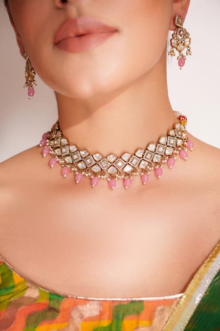Buy_Zevar By Geeta_Pink Imitation Diamonds Kundan Polki Designer Jewellery Set _Online_at_Aza_Fashions