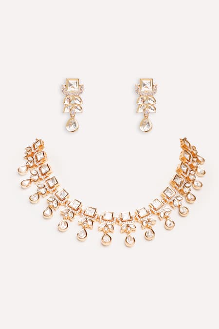 Shop Zevar By Geeta Gold Plated Finish Kundan Polki Necklace Set at Aza Fashions Shop_Zevar By Geeta_Gold Plated Finish Kundan Polki Necklace Set _at_Aza_Fashions