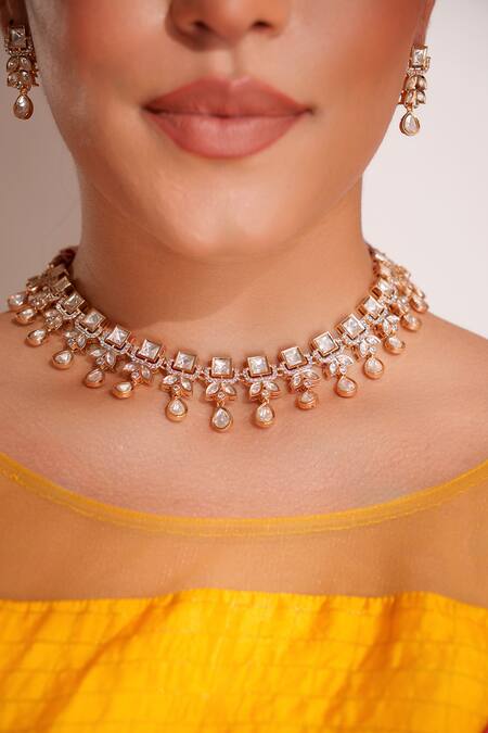 Zevar By Geeta Gold Plated Finish Kundan Polki Necklace Set Online at Aza Fashions Zevar By Geeta_Gold Plated Finish Kundan Polki Necklace Set _Online_at_Aza_Fashions