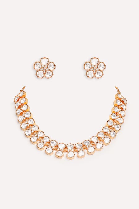 Zevar By Geeta Gold Kundan Polki Necklace & Earring Set 