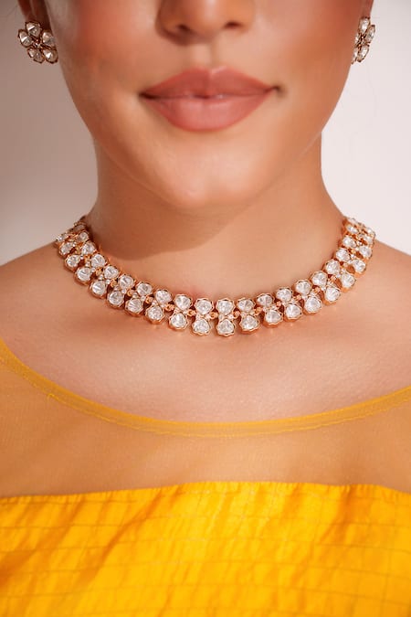 Zevar By Geeta_Gold Plated Kundan Polki Necklace And Earring Set _Online_at_Aza_Fashions