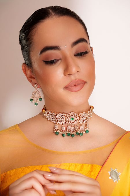 ZEVAR BY GEETA Green Stones, Beads Kundan Polki Designer Jewellery Set 