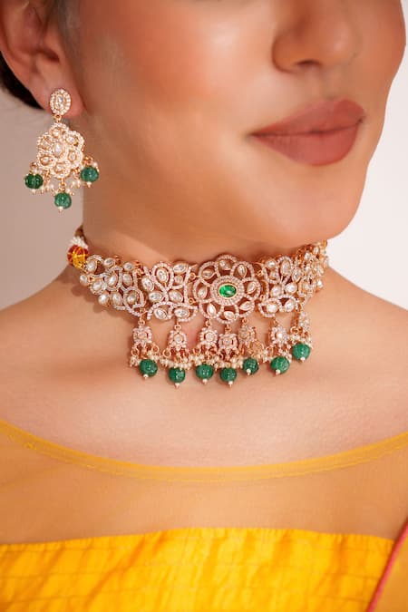 Zevar By Geeta_Green Stones, Beads Kundan Polki Designer Jewellery Set _Online_at_Aza_Fashions