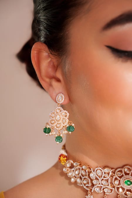 Buy_Zevar By Geeta_Green Stones, Beads Kundan Polki Designer Jewellery Set _Online_at_Aza_Fashions