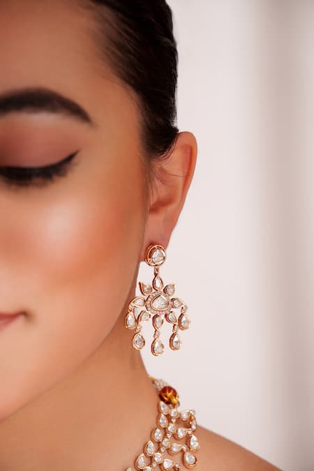 Zevar By Geeta_Gold Plated Stones Kundan Polki Finish Jewellery Set _Online_at_Aza_Fashions