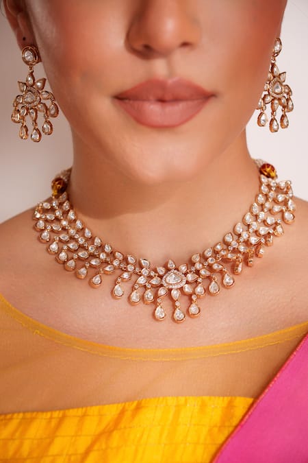 Buy_Zevar By Geeta_Gold Plated Stones Kundan Polki Finish Jewellery Set _Online_at_Aza_Fashions