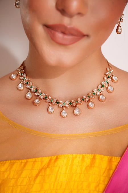 Buy_Zevar By Geeta_Green Imitation Diamonds Designer Kundan Polki Jewellery Set _Online_at_Aza_Fashions