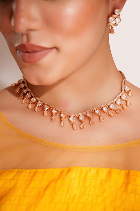 Zevar By Geeta_Gold Plated Stones Kundan Polki Finish Necklace Set _Online_at_Aza_Fashions