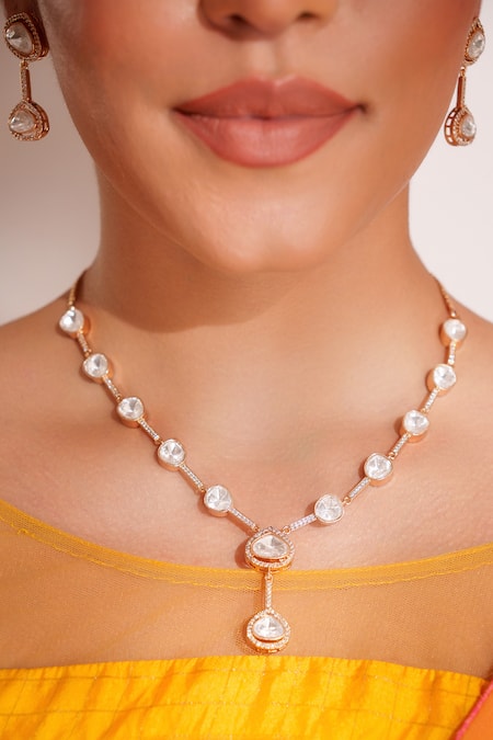 Buy_Zevar By Geeta_Gold Plated Stones Kundan Polki Necklace And Earring Set _Online_at_Aza_Fashions