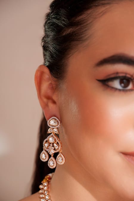 Zevar By Geeta_Gold Plated Kundan Polki Necklace And Earring Set _Online_at_Aza_Fashions