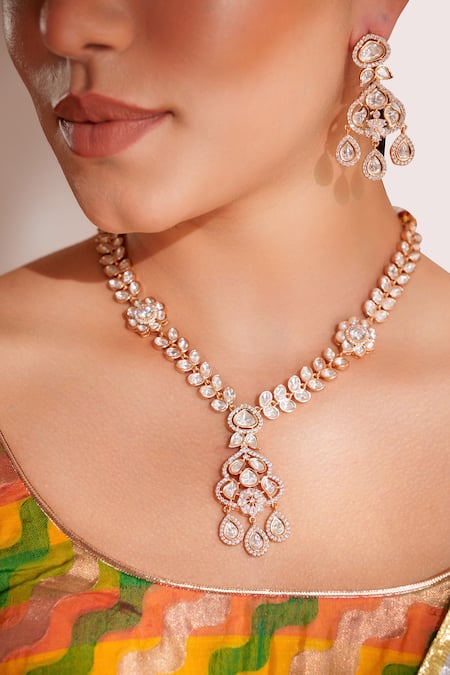 Buy_Zevar By Geeta_Gold Plated Kundan Polki Necklace And Earring Set _Online_at_Aza_Fashions