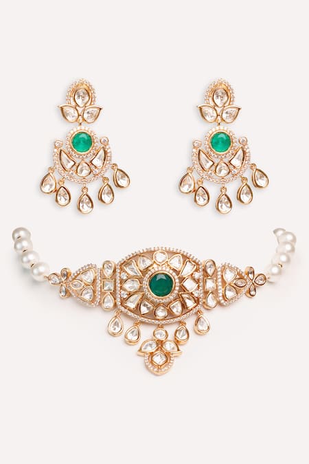 Shop_Zevar By Geeta_Green Stones Kundan Polki Designer Jewellery Set _at_Aza_Fashions