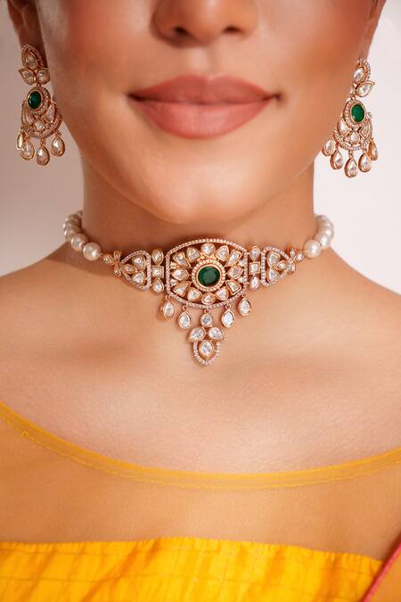 Zevar By Geeta_Green Stones Kundan Polki Designer Jewellery Set _Online_at_Aza_Fashions
