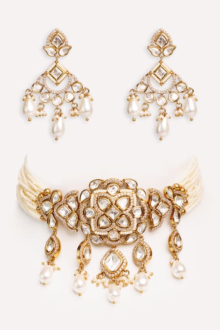 Zevar By Geeta Kundan Polki Designer Necklace & Earrings Set 