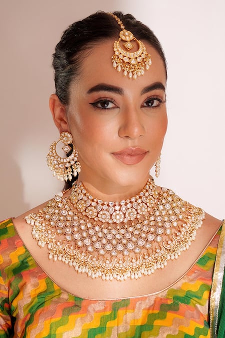 Zevar By Geeta_Gold Plated Stones Kundan Polki Jewellery Set _Online_at_Aza_Fashions