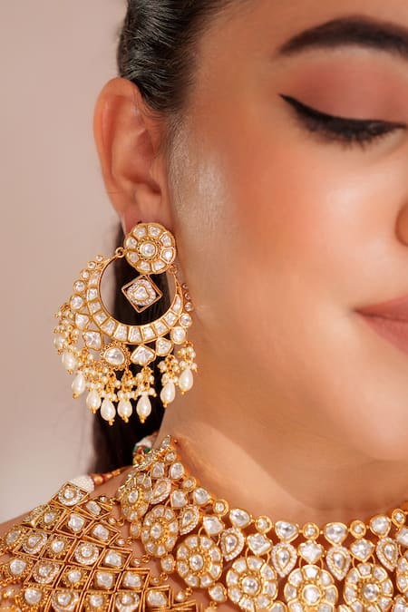 Shop_Zevar By Geeta_Gold Plated Stones Kundan Polki Jewellery Set _Online_at_Aza_Fashions