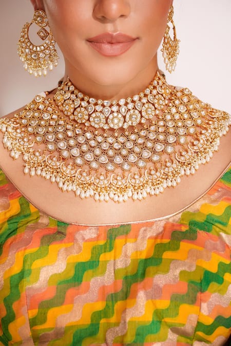 Zevar By Geeta_Gold Plated Stones Kundan Polki Jewellery Set _at_Aza_Fashions