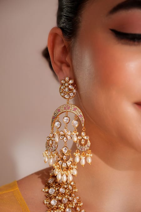 Zevar By Geeta_Gold Plated Stones, Pearls Kundan Polki Necklace And Earring Set _Online_at_Aza_Fashions