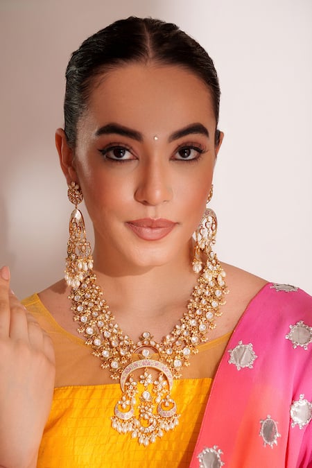 Buy_Zevar By Geeta_Gold Plated Stones, Pearls Kundan Polki Necklace And Earring Set _Online_at_Aza_Fashions