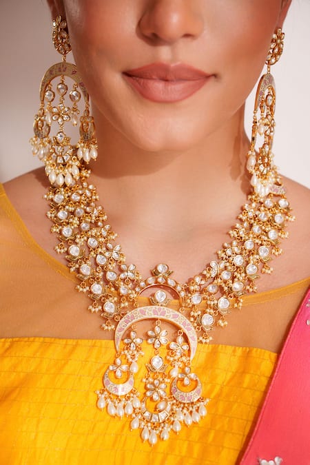 Shop_Zevar By Geeta_Gold Plated Stones, Pearls Kundan Polki Necklace And Earring Set _Online_at_Aza_Fashions