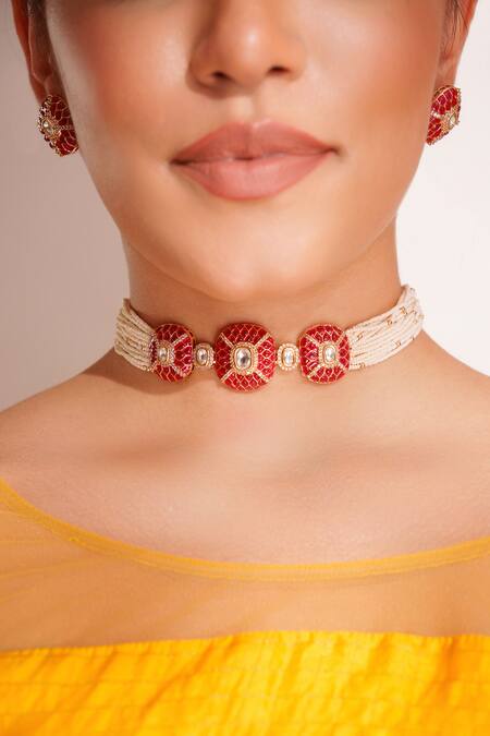 Zevar By Geeta_Red Stones Designer Kundan Polki Necklace Set _Online_at_Aza_Fashions