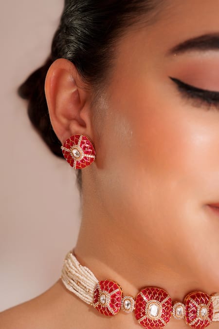 Buy_Zevar By Geeta_Red Stones Designer Kundan Polki Necklace Set _Online_at_Aza_Fashions