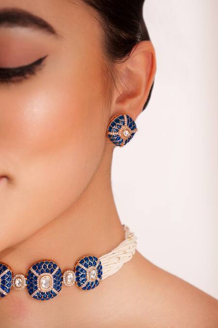 Zevar By Geeta_Blue Stones Kundan Polki Necklace And Earring Set _Online_at_Aza_Fashions