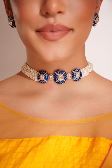 Buy_Zevar By Geeta_Blue Stones Kundan Polki Necklace And Earring Set _Online_at_Aza_Fashions