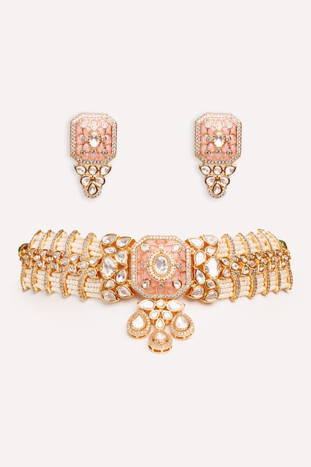 Zevar By Geeta Peach Kundan Polki Necklace & Earrings Set 