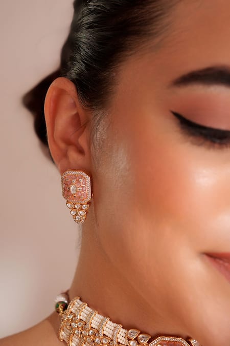 Zevar By Geeta_Peach Imitation Diamonds Kundan Polki Necklace And Earrings Set _Online_at_Aza_Fashions