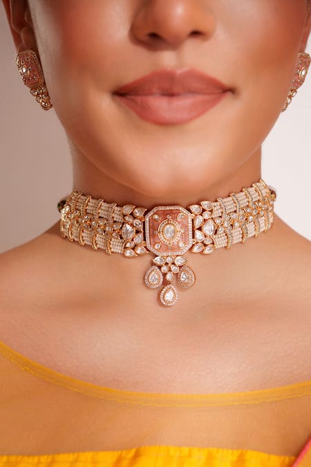 Buy_Zevar By Geeta_Peach Imitation Diamonds Kundan Polki Necklace And Earrings Set _Online_at_Aza_Fashions