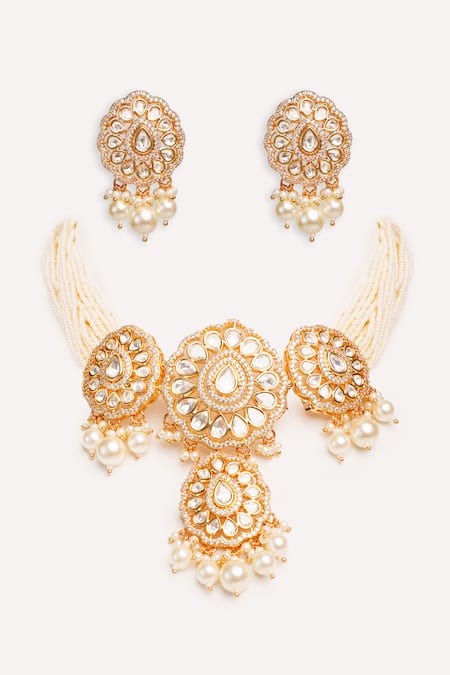 Shop Zevar By Geeta Gold Plated Pearls Kundan Polki Finish Jewellery Set at Aza Fashions Shop_Zevar By Geeta_Gold Plated Pearls Kundan Polki Finish Jewellery Set _at_Aza_Fashions