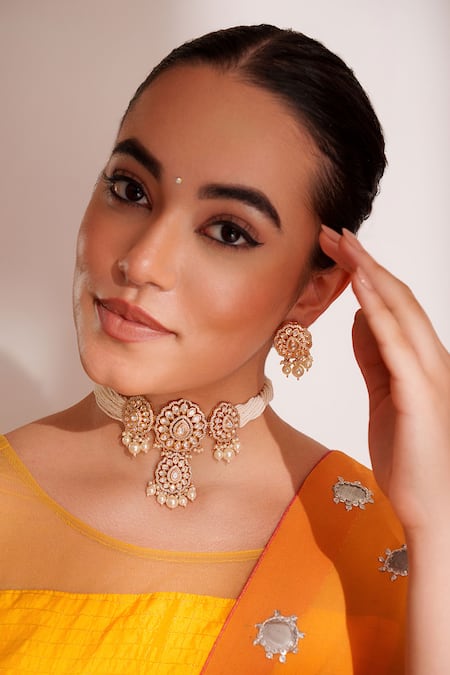 ZEVAR BY GEETA Gold Plated Stones, Pearls Kundan Polki Finish Jewellery Set 