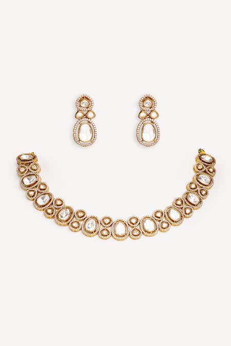 Zevar By Geeta Gold Finish Zircon Necklace & Earring Set