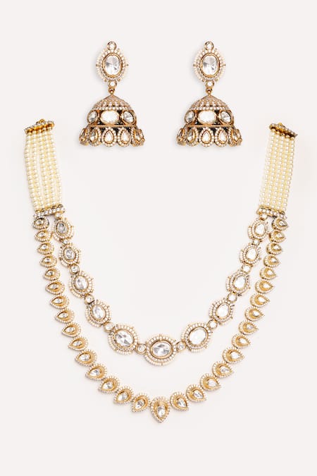 Shop Zevar By Geeta Gold Plated Imitation Diamonds Kundan Polki Designer Necklace And Earrings Set at Aza Fashions Shop_Zevar By Geeta_Gold Plated Imitation Diamonds Kundan Polki Designer Necklace And Earrings Set _at_Aza_Fashions